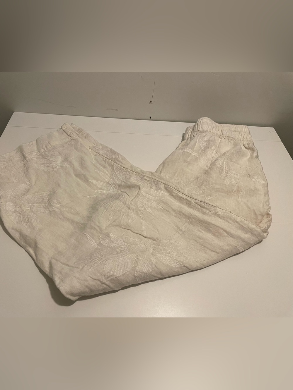 Joie Brand Women's size Large White Embroidered Wide-Leg 100% Linen Pants